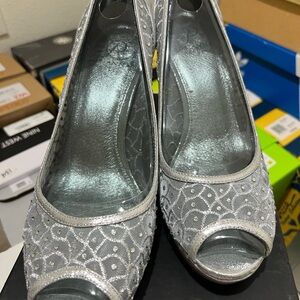 Adrianna Papell Silver Lace Peep-Toe Heels
